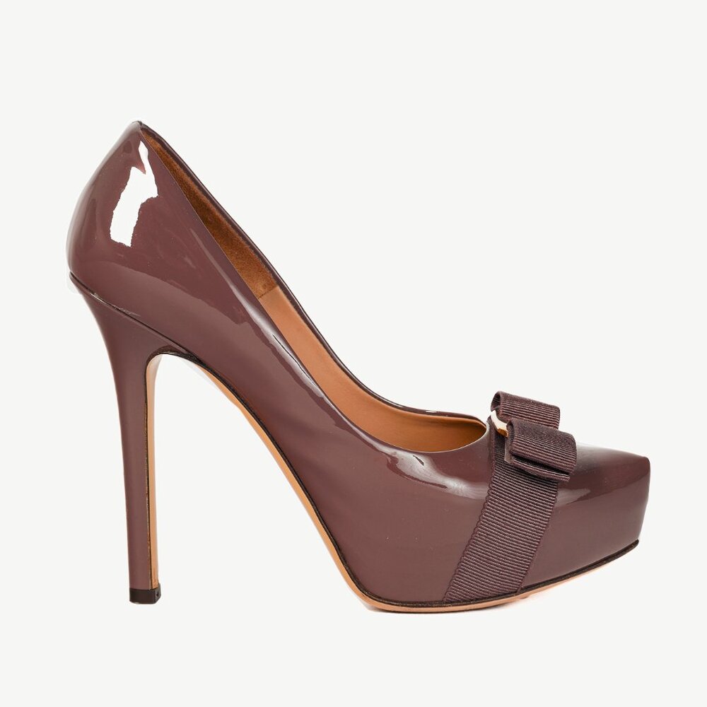 Salvatore Ferragamo Trilly Purple Patent Leather Vara-Bow Platform Pumps